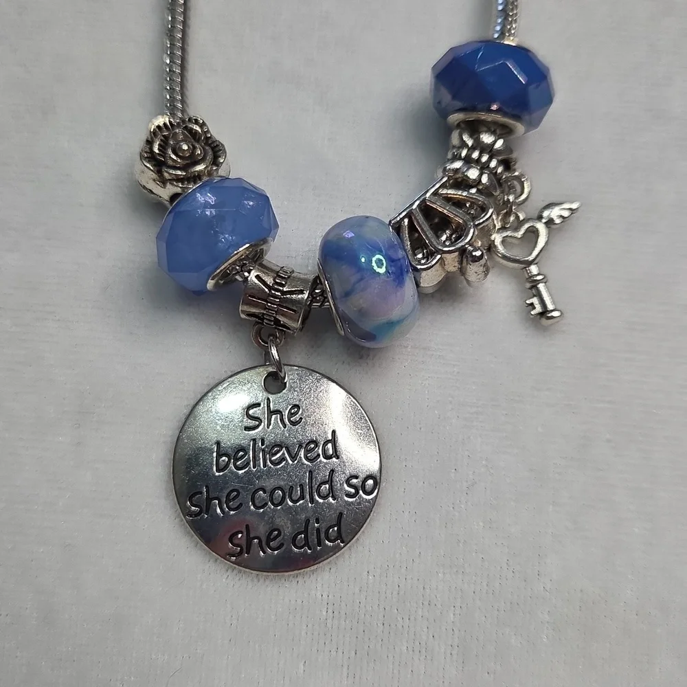 Blue Silver Beaded Charm Bracelet Silver Tone Heart Key Charms Crown Flower bead